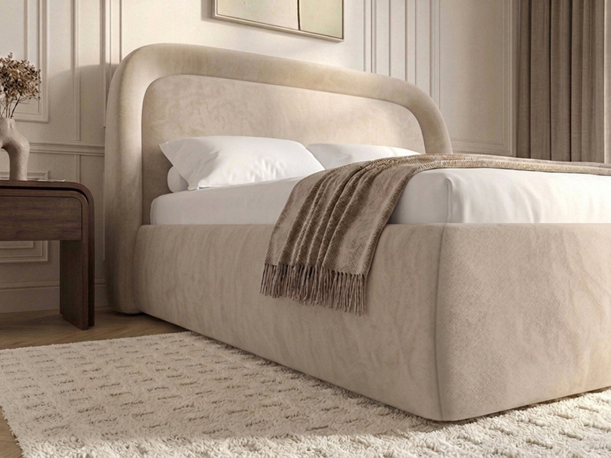 Bobochic Sam Polsterbett mit Bettkasten Samt Beige, Liegefläche 140 × 190 cm
