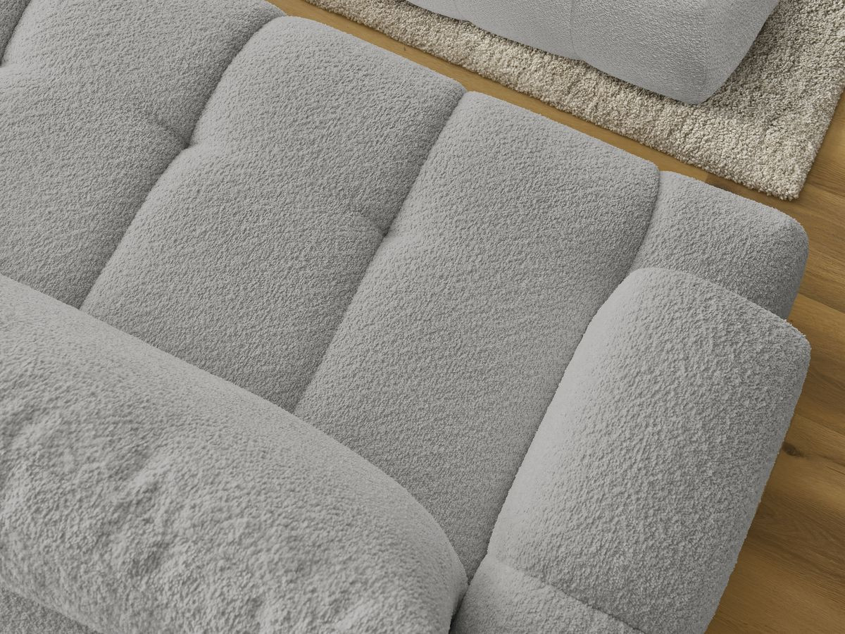 Bobochic Fuji Ecksofa mit Schlaffunktion und Bettkasten und Pouf 292 × 160 cm Bouclé-Stoff Hellgrau Ecke rechts