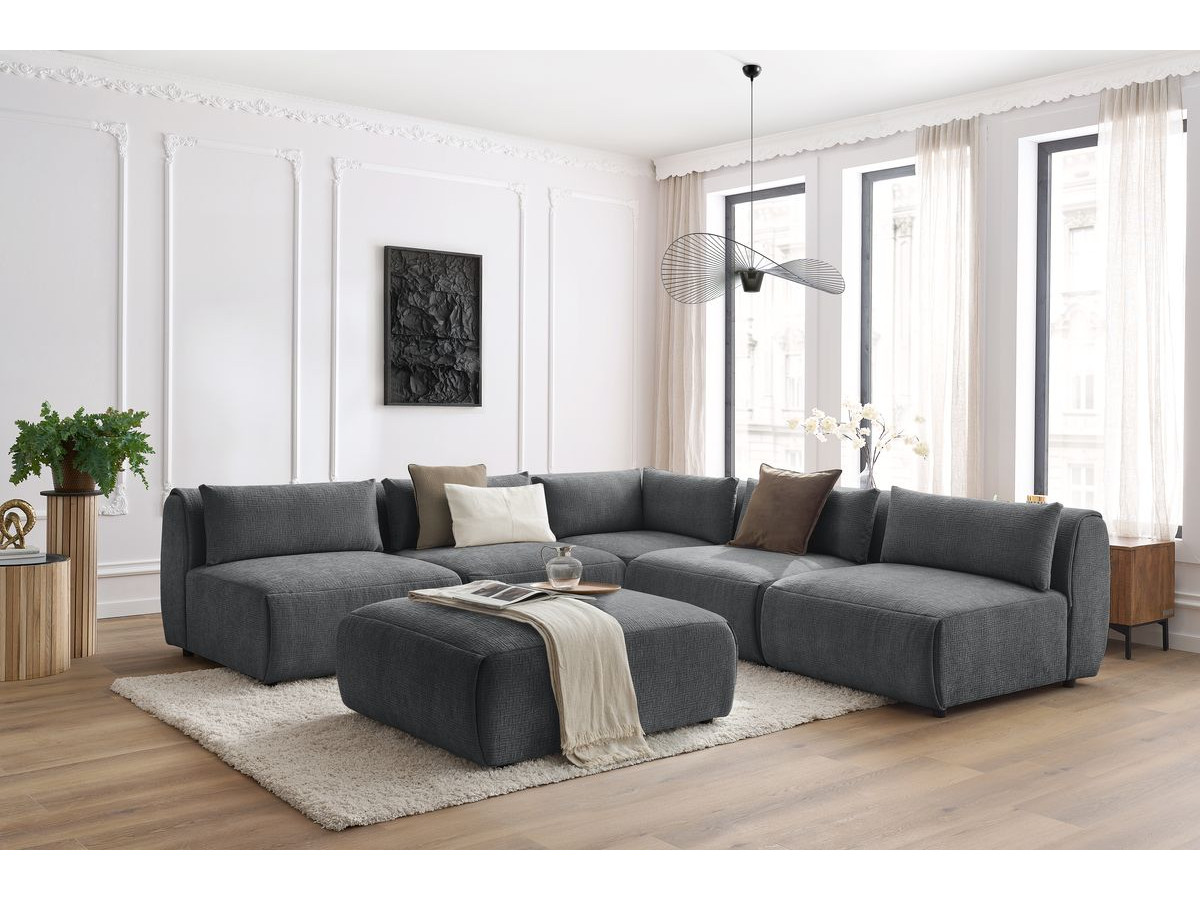 Bobochic Jeanne Ecksofa mit Pouf Strukturstoff Dunkelgrau