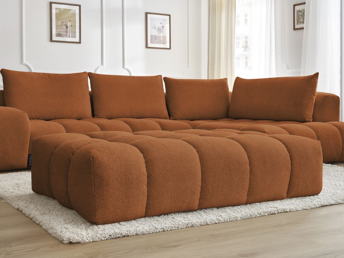 Bobochic Everest Ecksofa mit Schlaffunktion und Pouf, 4 Kissen Melange-Stoff Orange Ecke rechts