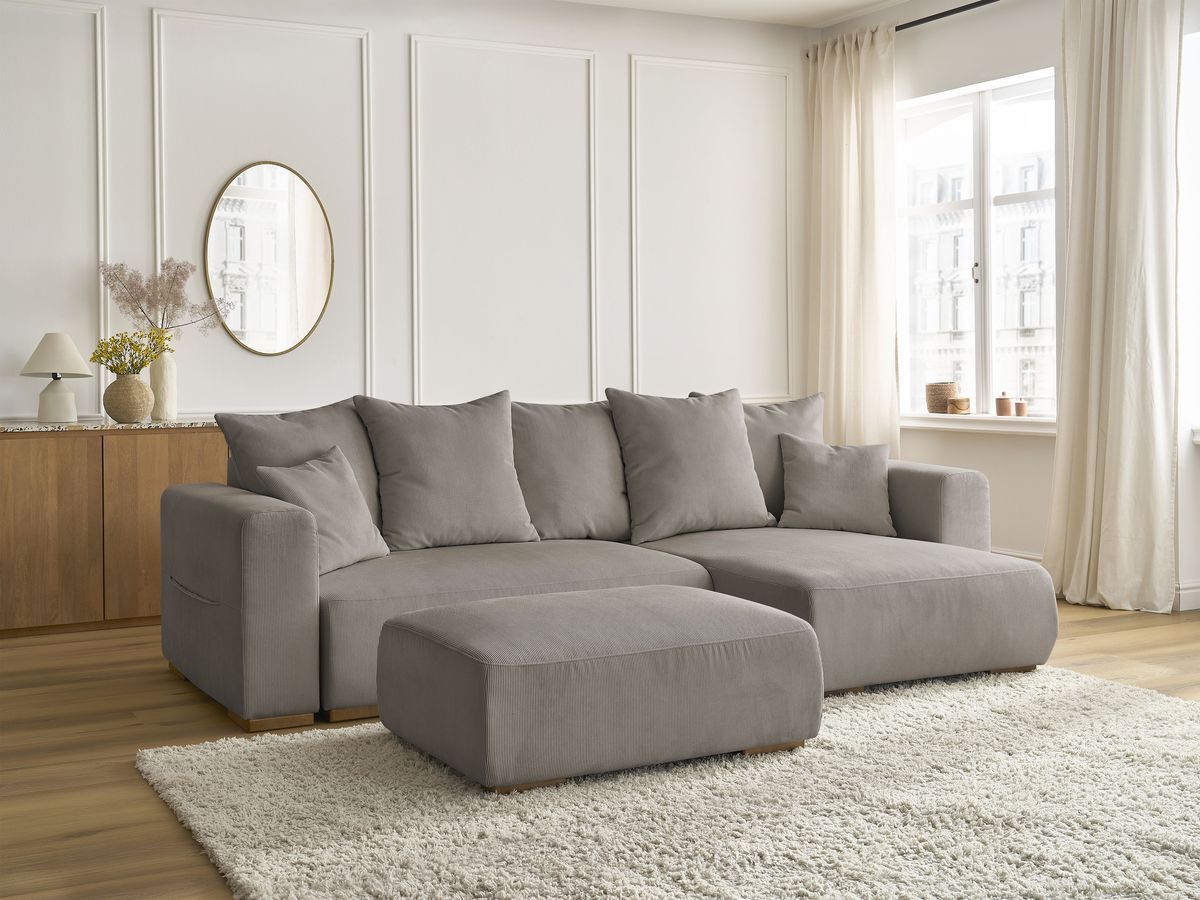 Bobochic Sidonie Ecksofa mit Schlaffunktion und Bettkasten und Pouf Cordsamt Taupe