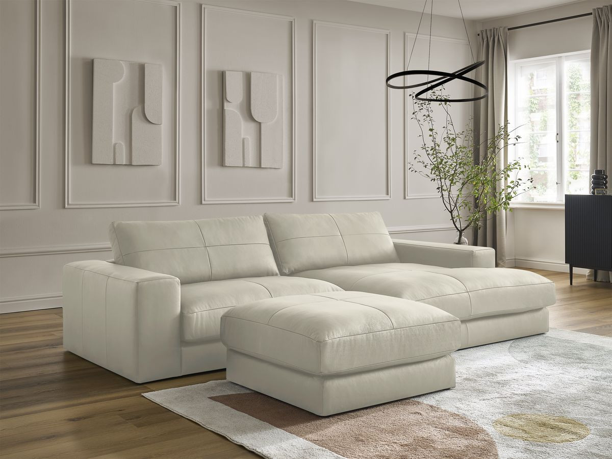 Bobochic Leonard Ecksofa mit Pouf 274 × 159 cm Leder Beige Ecke rechts