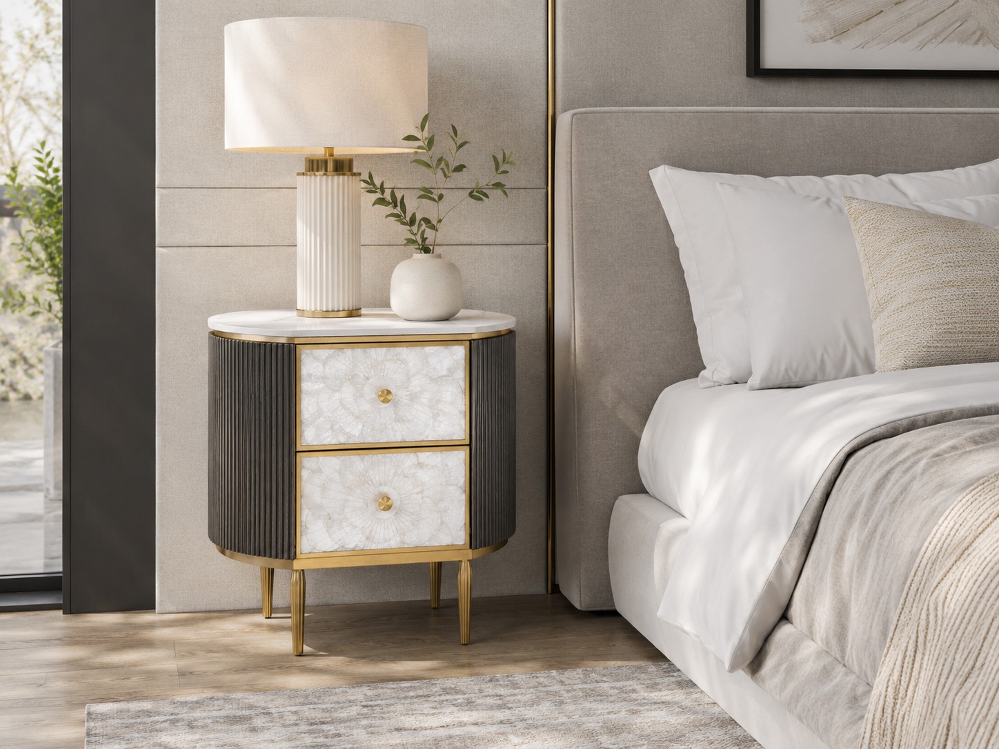 Livin Hill Nachttisch Stilig Bedroom 55 cm Dunkles Metallic-Braungrau, Platte Weiß