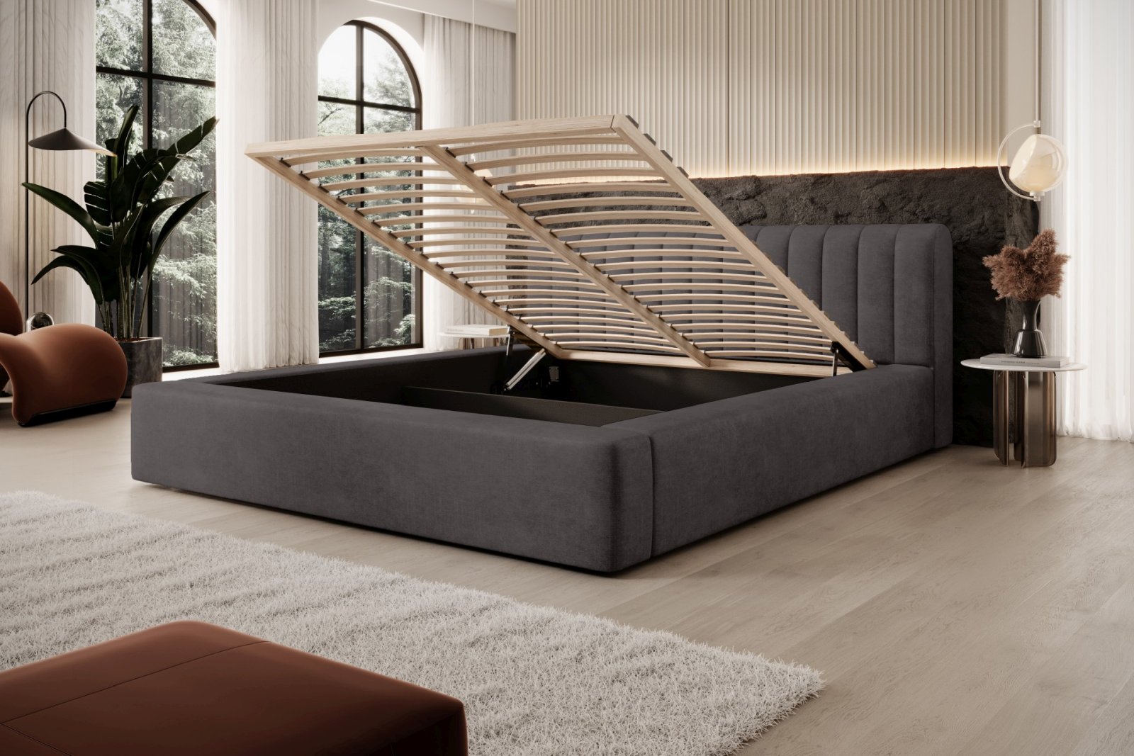 Polsterbett Faroa Samtstoff 180x200 mit Holzrahmen Macau Anthracite