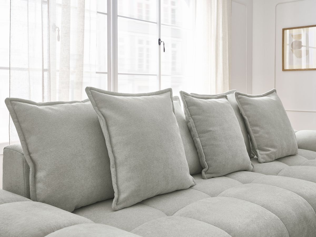 Bobochic Everest Ecksofa mit Schlaffunktion und Bettkasten 318 × 180 cm, 7 Kissen Strukturstoff Hellgrau Ecke rechts