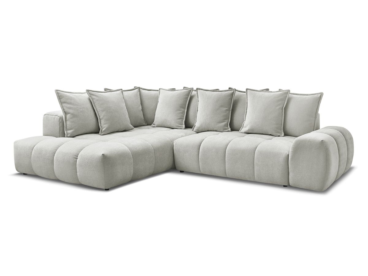Bobochic Everest Ecksofa mit Schlaffunktion und Bettkasten 320 × 212 cm, 10 Kissen Strukturstoff Hellgrau Ecke links