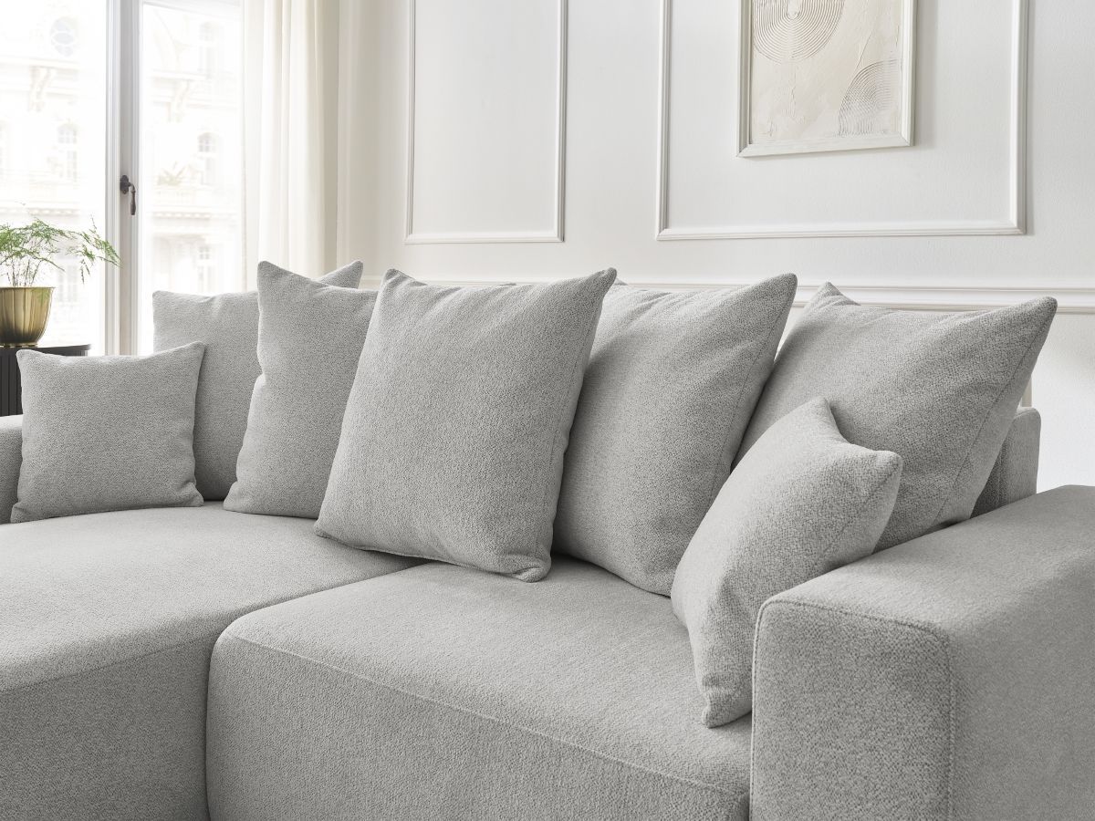 Bobochic Atilla Ecksofa mit Schlaffunktion und Bettkasten Melange-Stoff Hellgrau Ecke links