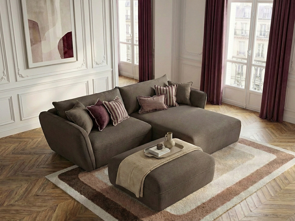 Bobochic Luigi Ecksofa mit Pouf Strukturstoff Taupe Ecke rechts