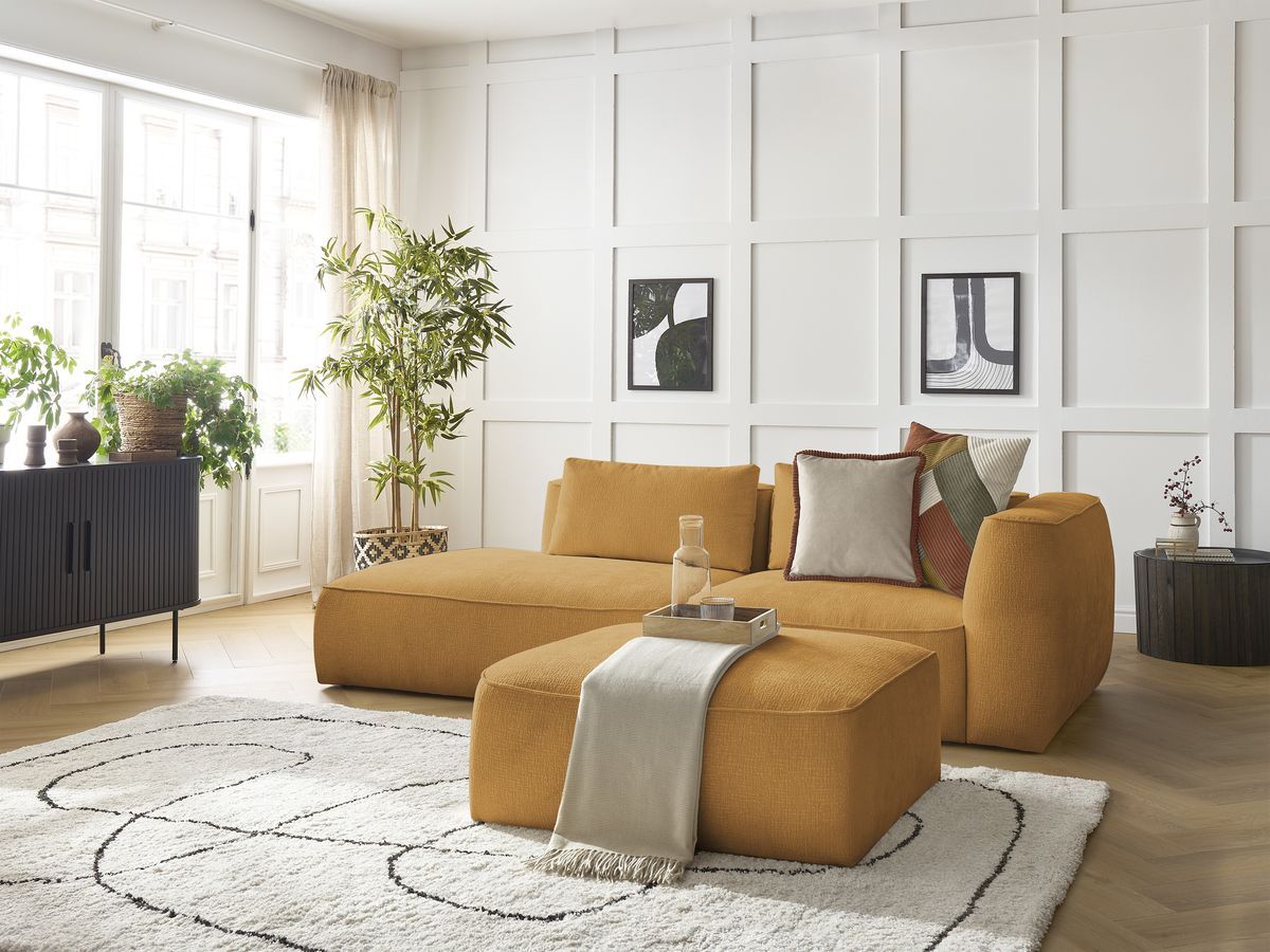 Bobochic Leopold Sofa 4-Sitzer mit Pouf Strukturstoff Gelb Armlehne rechts
