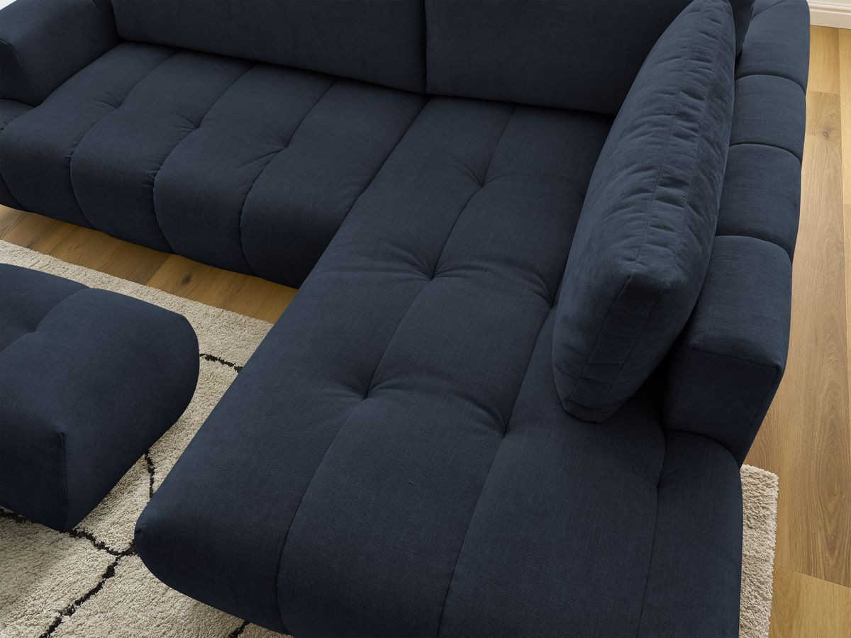 Bobochic Fuji Ecksofa mit Schlaffunktion und Bettkasten und Pouf 282 × 204 cm Stoff Dunkelblau Ecke rechts