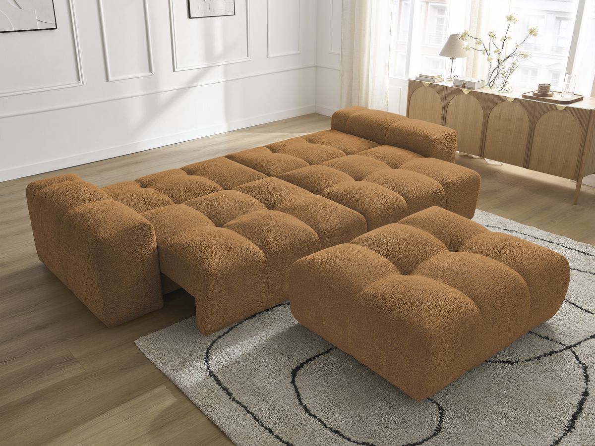 Bobochic Anakin Schlafsofa 3-Sitzer mit Bettkasten und Pouf, 6 Kissen Bouclé-Stoff Gelb