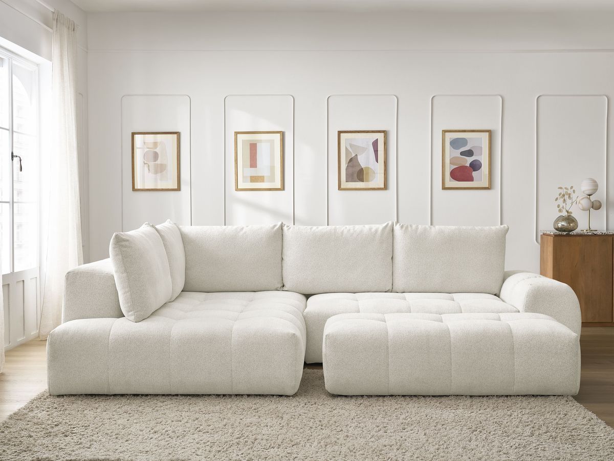 Bobochic Everest Ecksofa mit Schlaffunktion und Bettkasten und Pouf 320 × 212 cm, 5 Kissen Melange-Stoff Weiß Ecke links