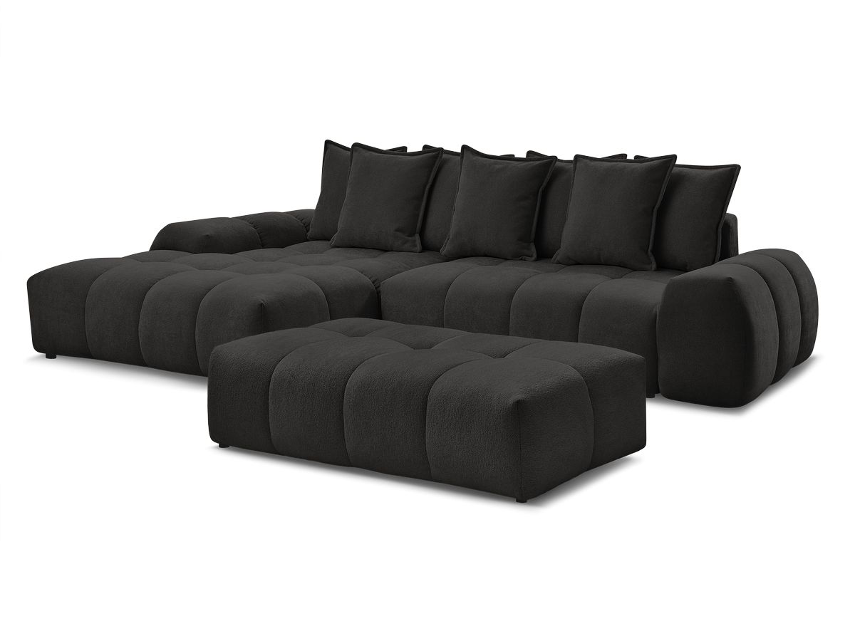 Bobochic Everest Ecksofa mit Schlaffunktion und Bettkasten und Pouf 318 × 180 cm, 7 Kissen Strukturstoff Schwarz Ecke links