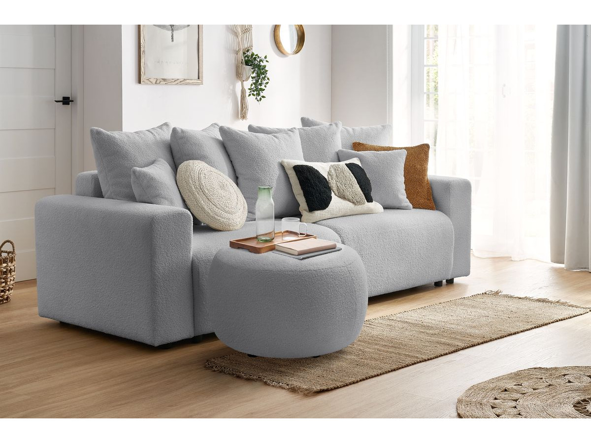 Bobochic Envy Pouf, rund Bouclé-Stoff Hellgrau