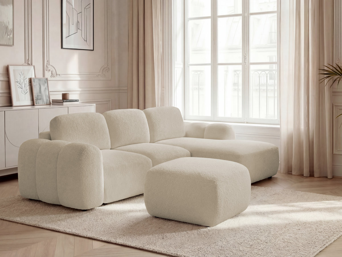 Bobochic Montaigne Ecksofa mit Schlaffunktion und Bettkasten und Pouf 276 × 164 cm Bouclé-Stoff Beige Ecke rechts