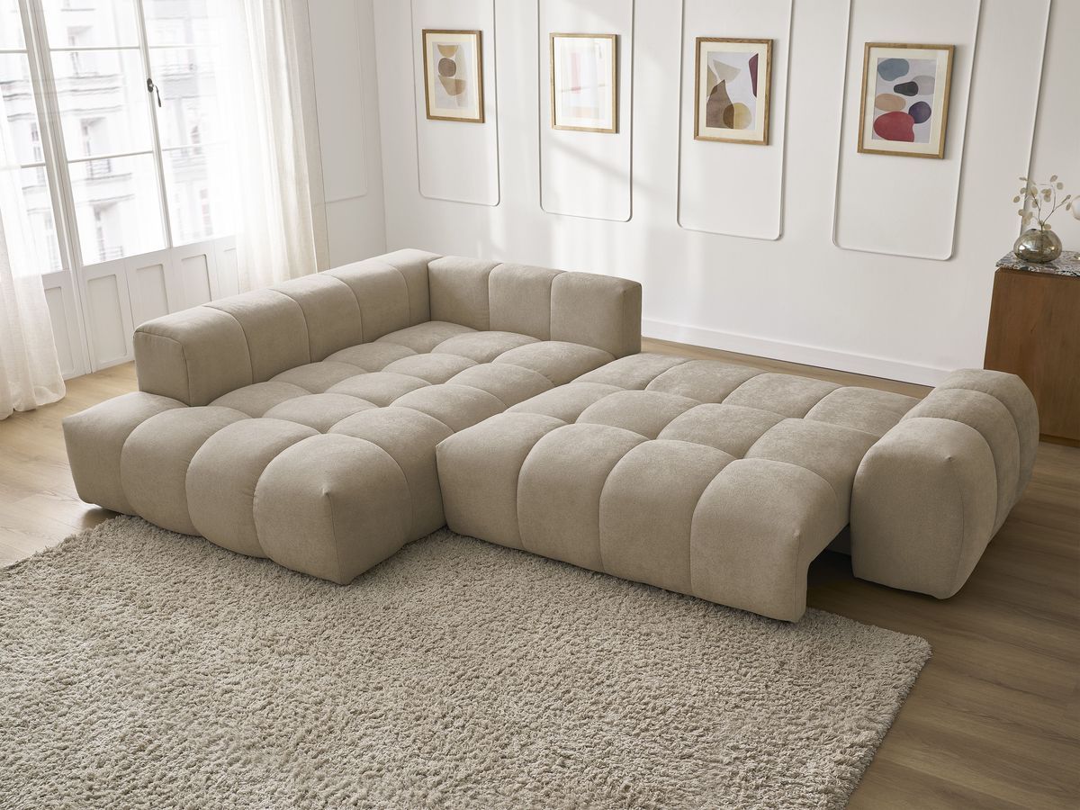 Bobochic Everest Ecksofa mit Schlaffunktion und Bettkasten 320 × 212 cm, 10 Kissen Strukturstoff Taupe Ecke links