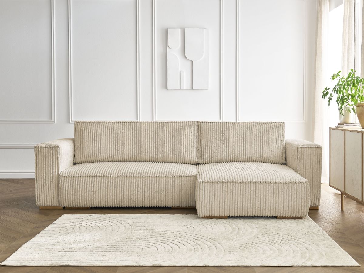 Bobochic Chelsea Ecksofa mit Schlaffunktion und Bettkasten Breitcord weich Taupe