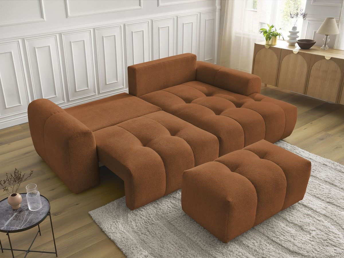 Bobochic Roxelane Ecksofa mit Schlaffunktion und Bettkasten und Pouf 258 × 150 cm Melange-Stoff Orange Ecke rechts