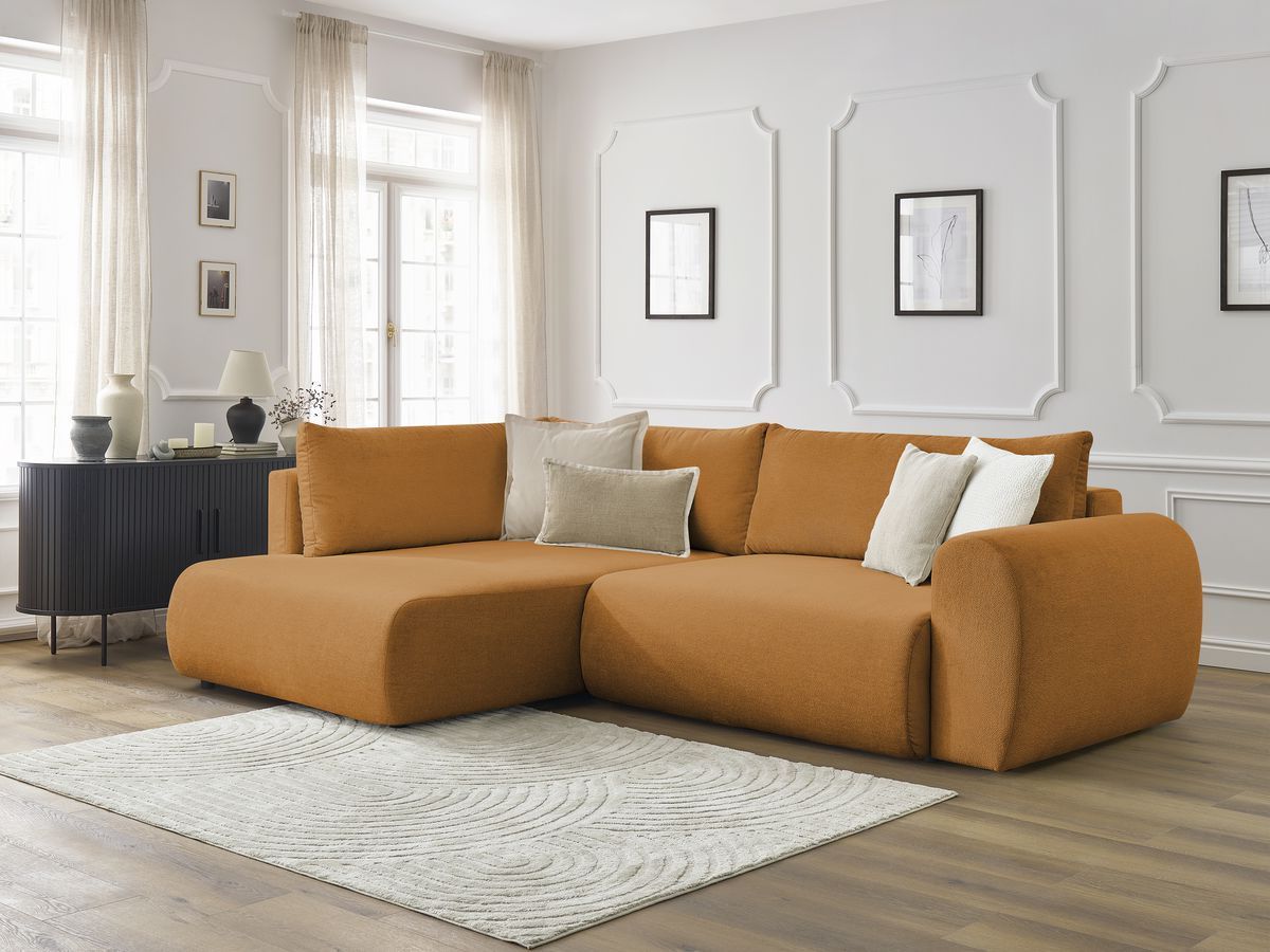 Bobochic Lucien Ecksofa mit Schlaffunktion und Bettkasten 296 × 198 cm Stoff Gelb Ecke links