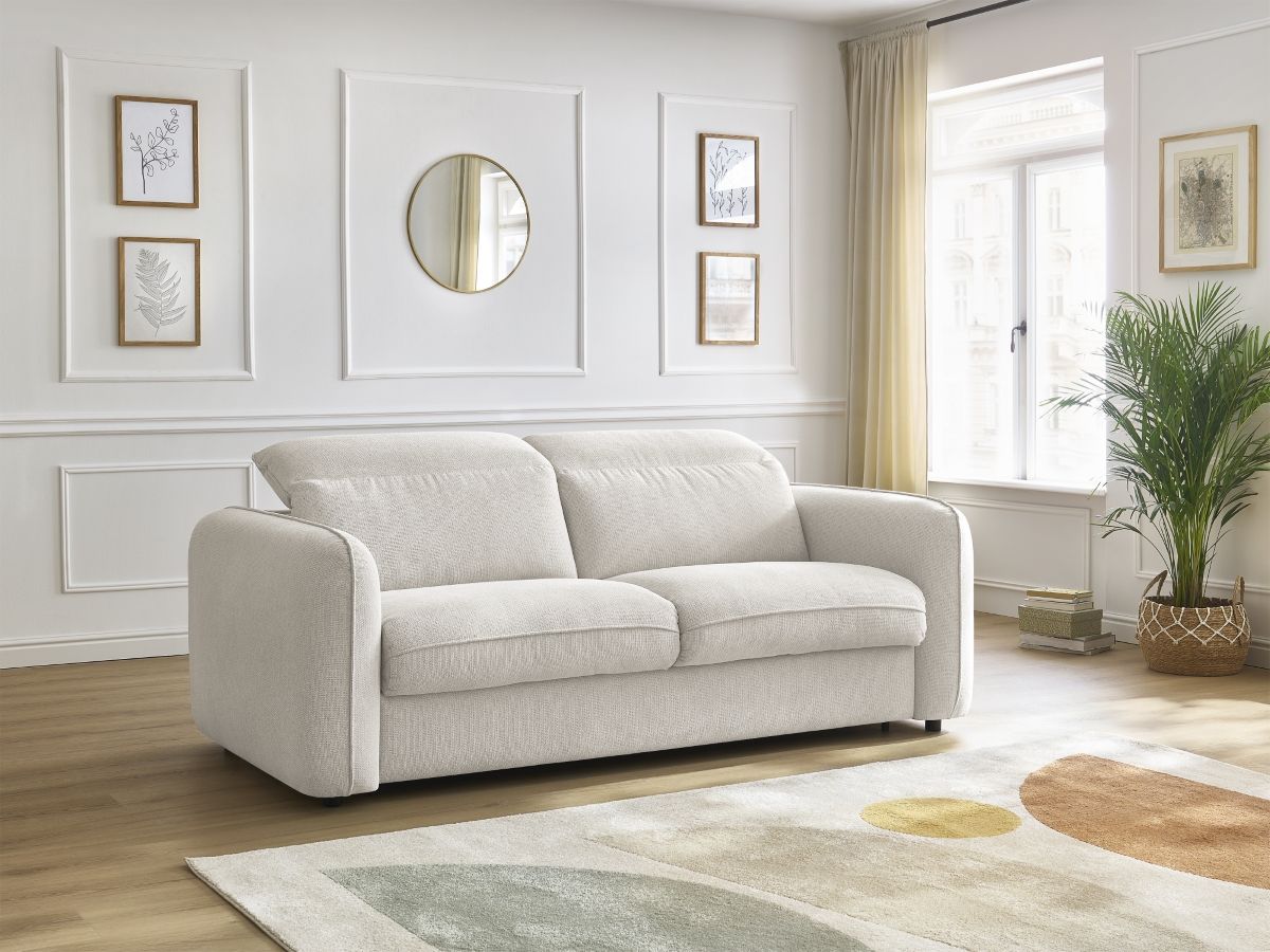 Bobochic Achille Schlafsofa 3-Sitzer Melange-Stoff Weiß, Liegefläche 140 × 200 cm