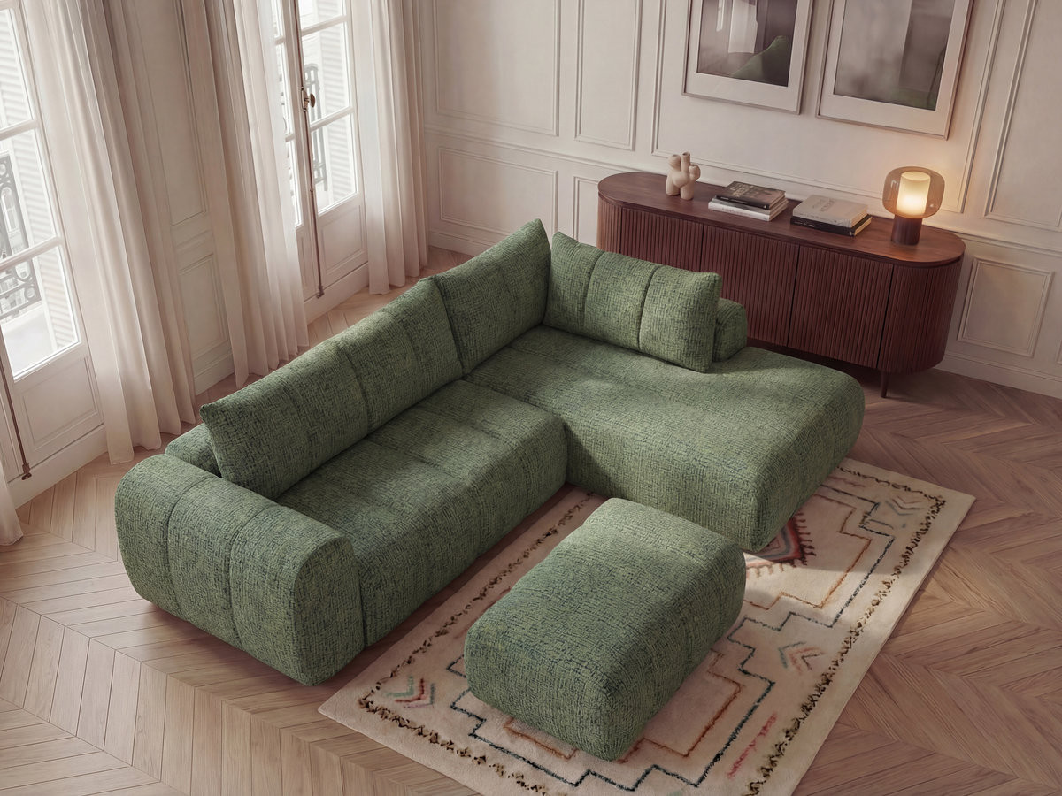 Bobochic Nesty Ecksofa in L-Form, 256 cm, mit Pouf Melange-Stoff Hellgrün Ecke rechts