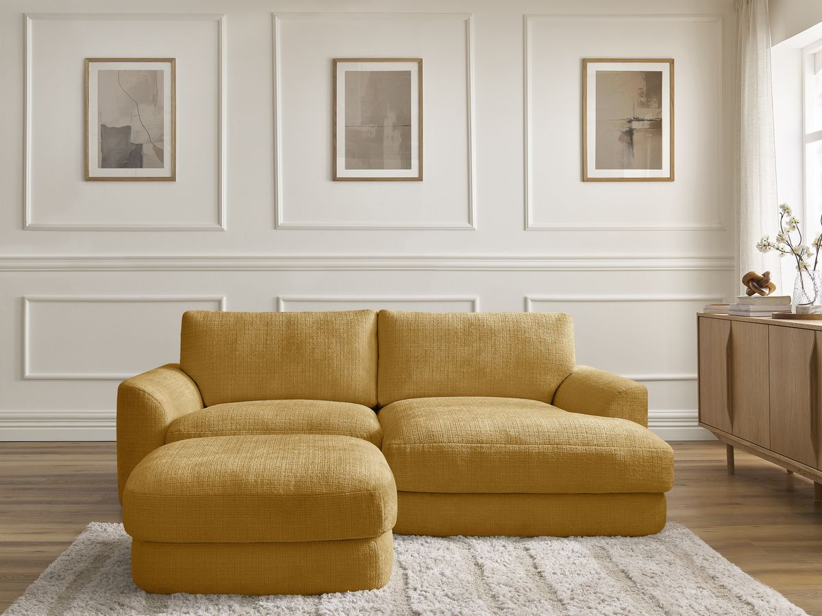 Bobochic Leonore Ecksofa mit Pouf Strukturstoff Gelb Ecke rechts
