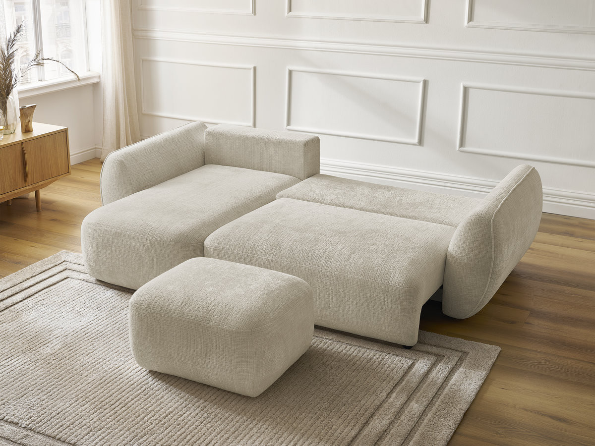 Bobochic Denise Ecksofa mit Schlaffunktion und Bettkasten und Pouf 258 × 160 cm Strukturstoff Beige Ecke links
