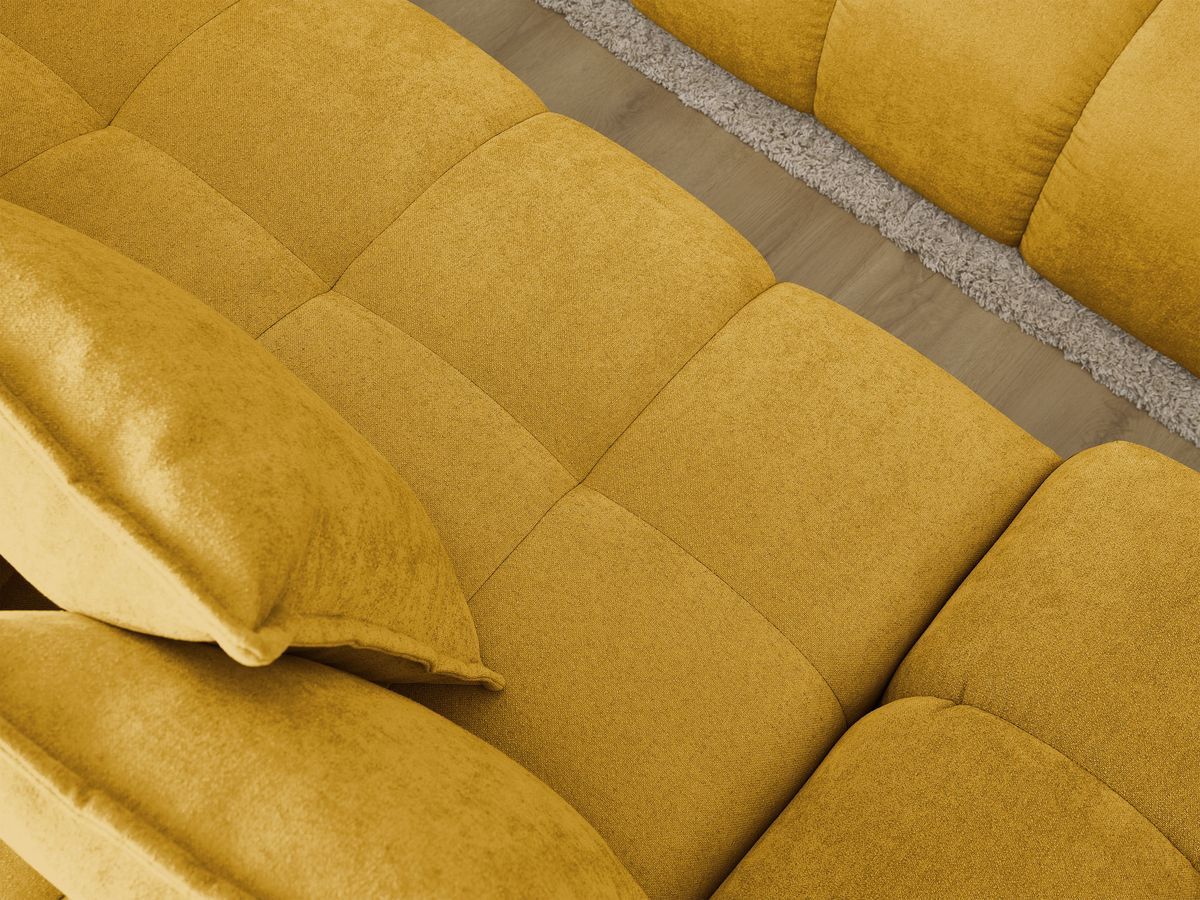 Bobochic Everest Ecksofa mit Schlaffunktion und Bettkasten 318 × 180 cm, 7 Kissen Strukturstoff Gelb Ecke rechts
