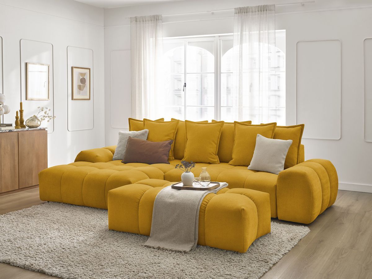 Bobochic Everest Ecksofa mit Schlaffunktion und Bettkasten und Pouf 318 × 180 cm, 7 Kissen Strukturstoff Gelb Ecke links
