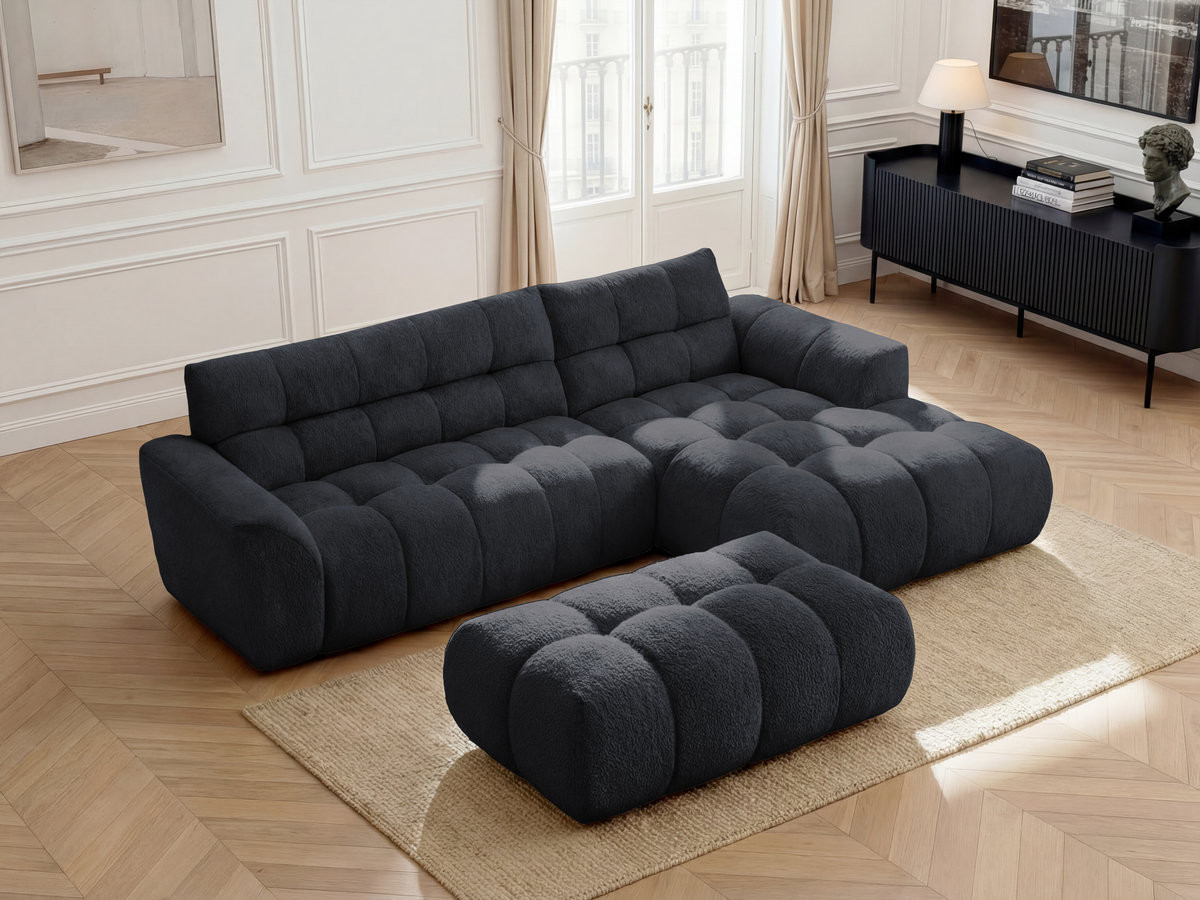 Bobochic Jaya Ecksofa mit Pouf Chenille Schwarz Ecke rechts