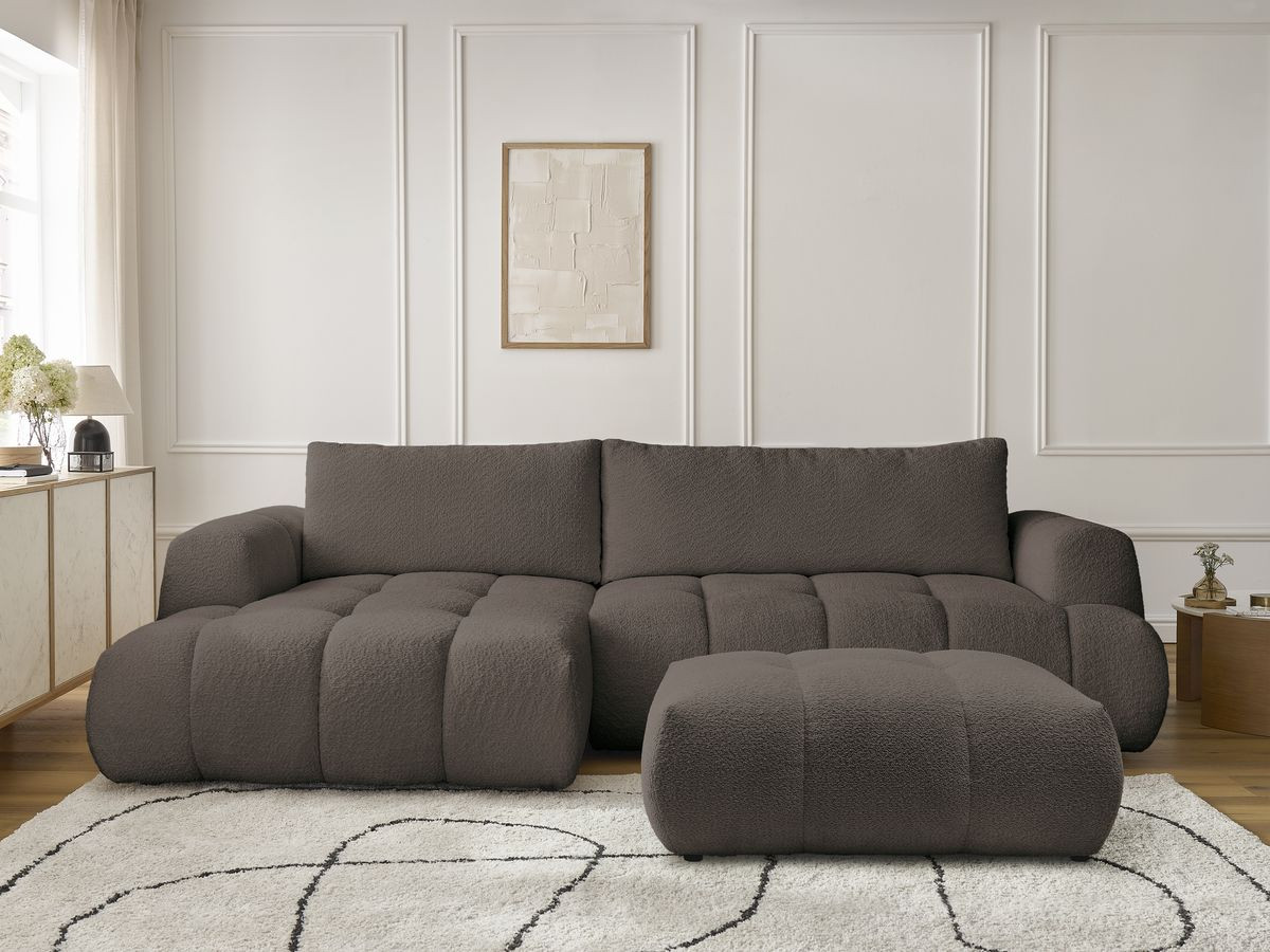 Bobochic Fuji Ecksofa mit Schlaffunktion und Bettkasten und Pouf 292 × 160 cm Bouclé-Stoff Braun Ecke links