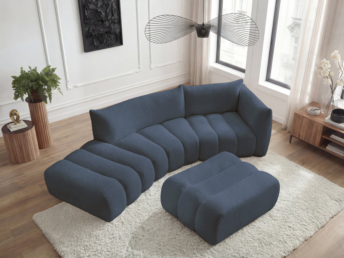 Bobochic Azra Ecksofa mit Pouf 325 × 112 cm Bouclé-Stoff Dunkelblau Ecke rechts