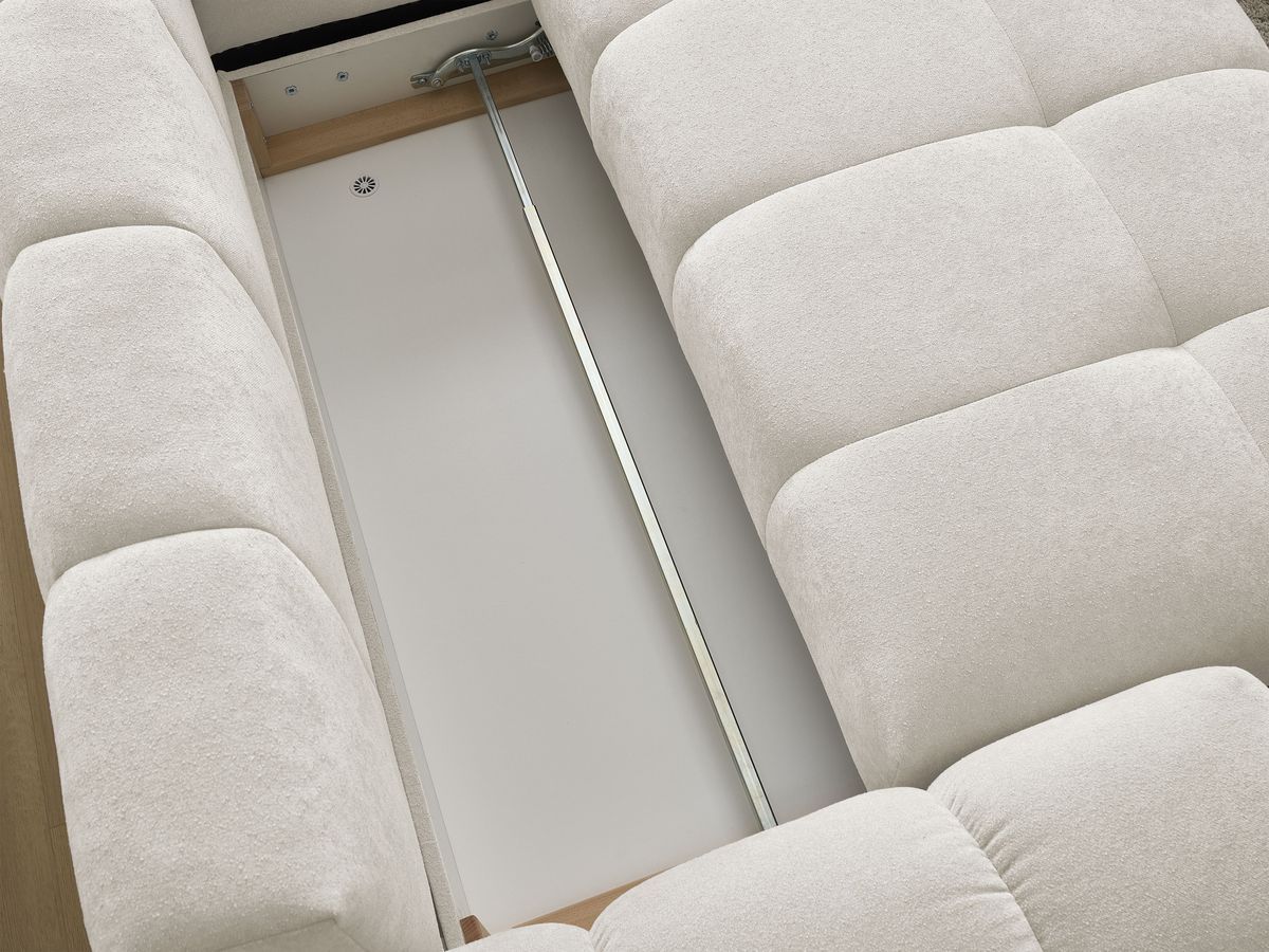 Bobochic Everest Ecksofa mit Schlaffunktion und Bettkasten und Pouf 320 × 212 cm, 5 Kissen Strukturstoff Weiß Ecke rechts