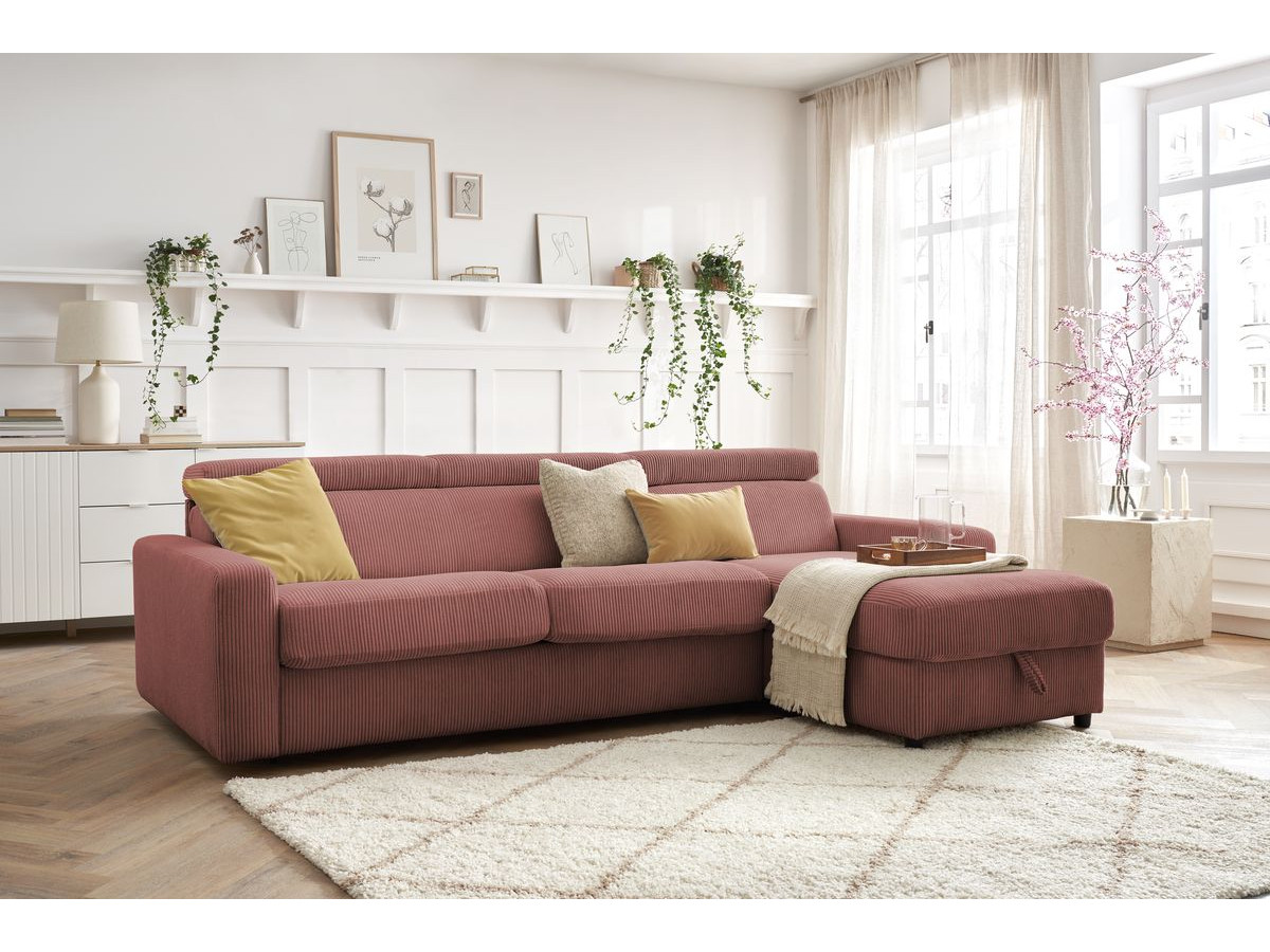 Bobochic Monaco Ecksofa mit Schlaffunktion und Bettkasten Cordsamt Rosa, Liegefläche 140 × 190 cm