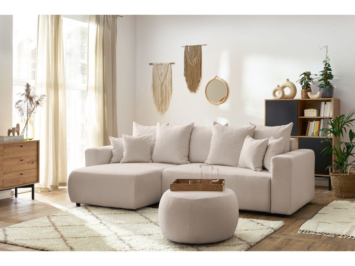 Bobochic Envy Ecksofa mit Schlaffunktion und Bettkasten und rundem Pouf Bouclé-Stoff Beige