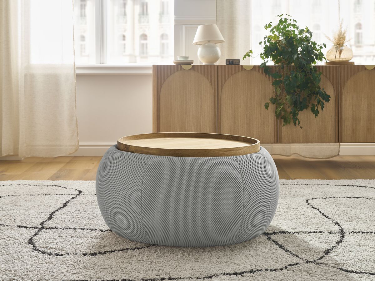 Bobochic Hayden Pouf mit Tablett, rund Mesh-Stoff Hellgrau, 77 cm