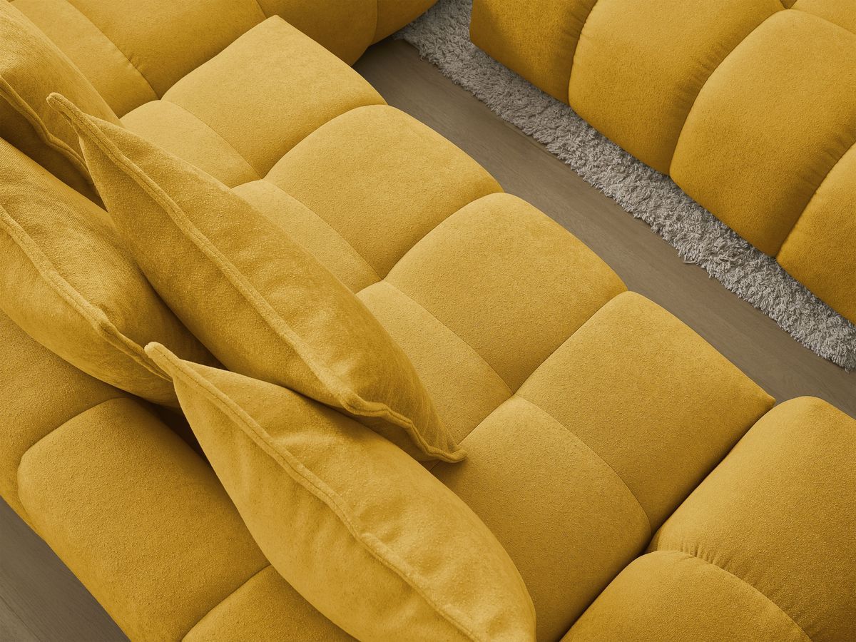 Bobochic Everest Ecksofa mit Schlaffunktion und Bettkasten und Pouf 320 × 212 cm, 10 Kissen Strukturstoff Gelb Ecke rechts