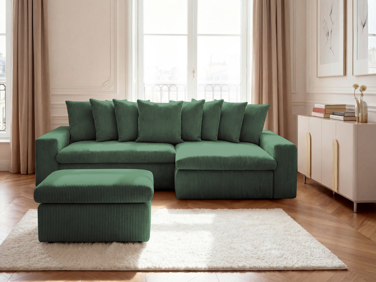 Bobochic Enore Ecksofa mit Pouf Cordsamt Dunkelgrün Ecke rechts