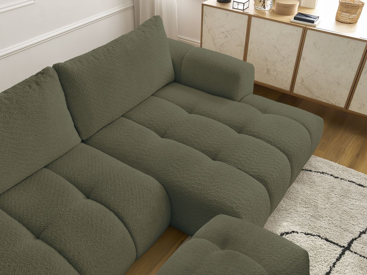 Bobochic Fuji Ecksofa mit Schlaffunktion und Bettkasten und Pouf 292 × 160 cm Bouclé-Stoff Grün Ecke rechts
