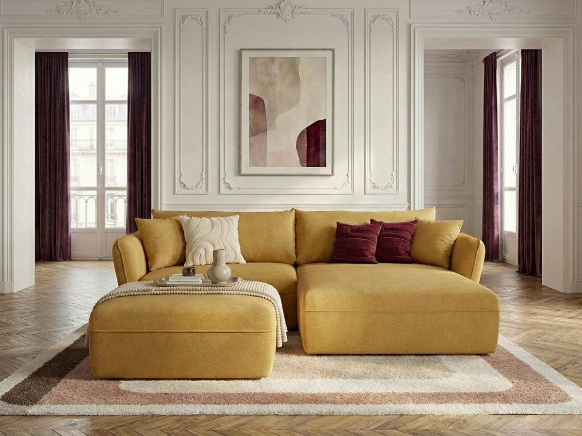 Bobochic Luigi Ecksofa mit Pouf Strukturstoff Gelb Ecke rechts