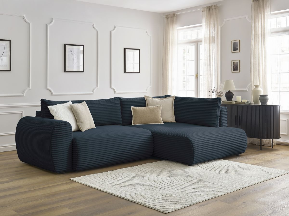Bobochic Lucien Ecksofa mit Schlaffunktion und Bettkasten 296 × 198 cm Breitcord weich Dunkelblau Ecke rechts