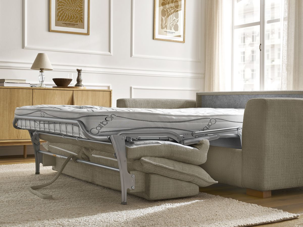 Bobochic Augustin Schlafsofa 3-Sitzer Strukturstoff Taupe, Liegefläche 140 × 200 cm