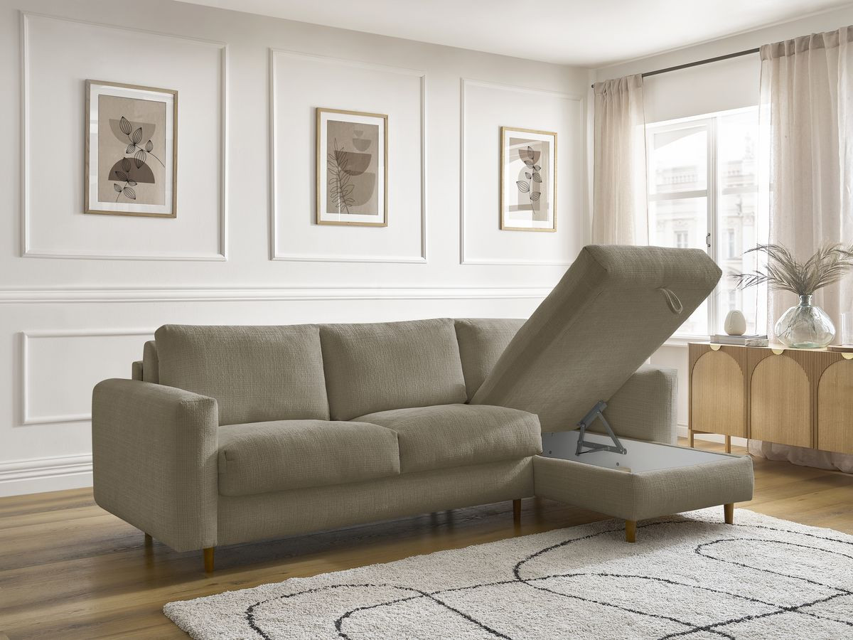 Bobochic Cocoone Ecksofa mit Schlaffunktion und Bettkasten Strukturstoff Taupe, Liegefläche 140 × 200 cm
