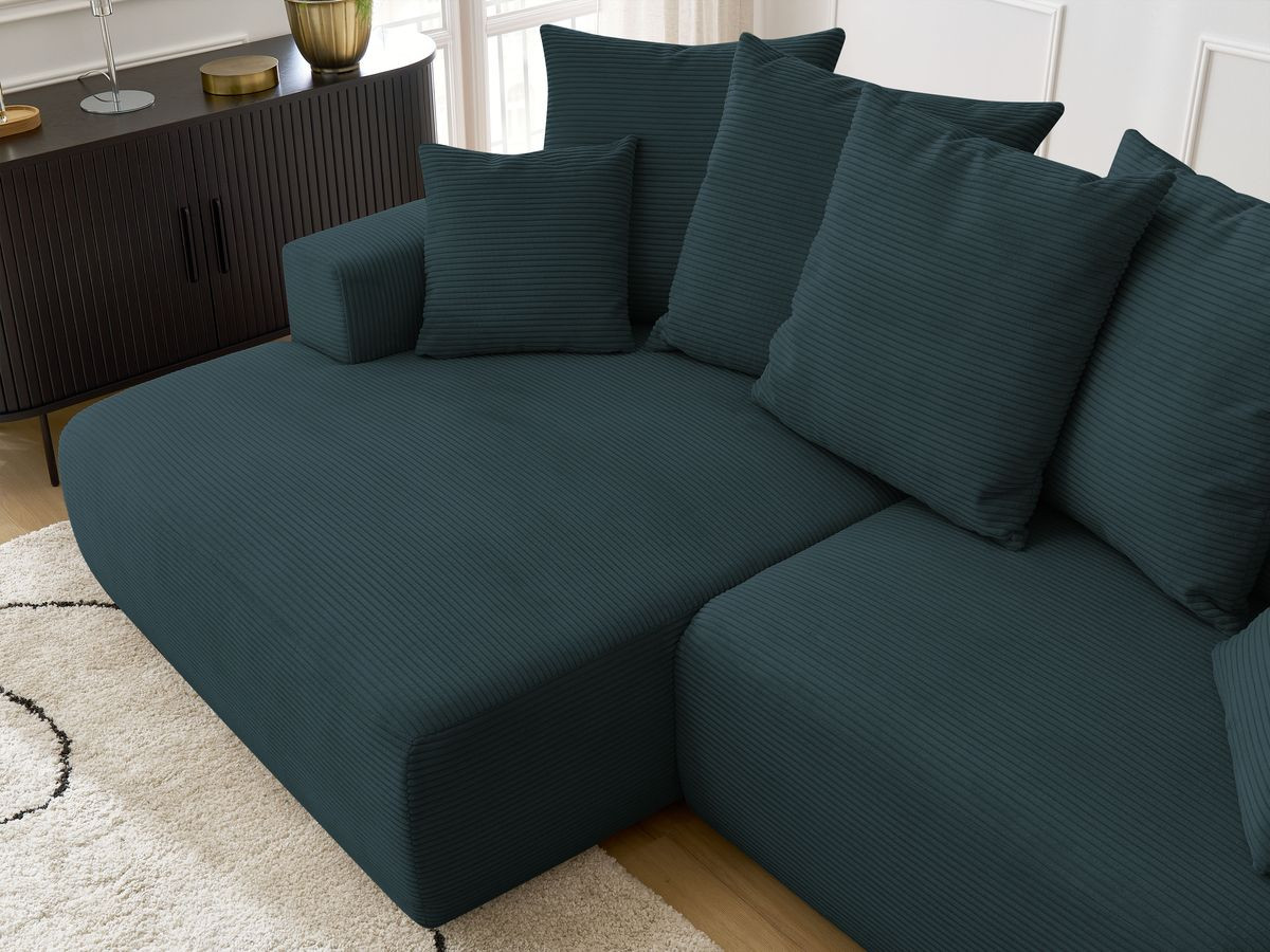 Bobochic Atilla Ecksofa mit Schlaffunktion und Bettkasten Cordsamt Dunkelblau Ecke links