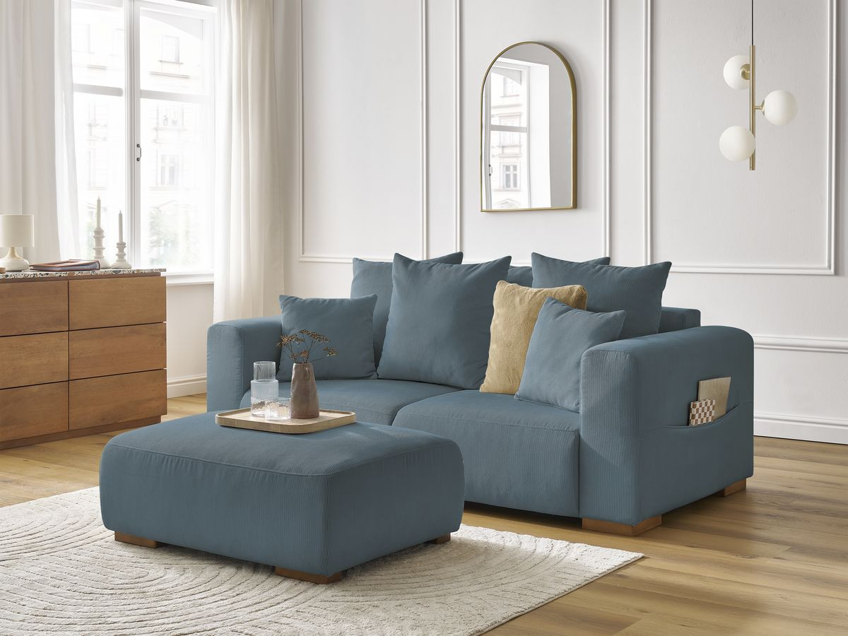Bobochic Sidonie Sofa 3-Sitzer mit Pouf Cordsamt Dunkelblau