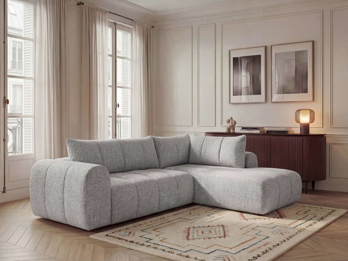 Bobochic Nesty Ecksofa in L-Form, 256 cm Melange-Stoff Hellgrau Ecke rechts