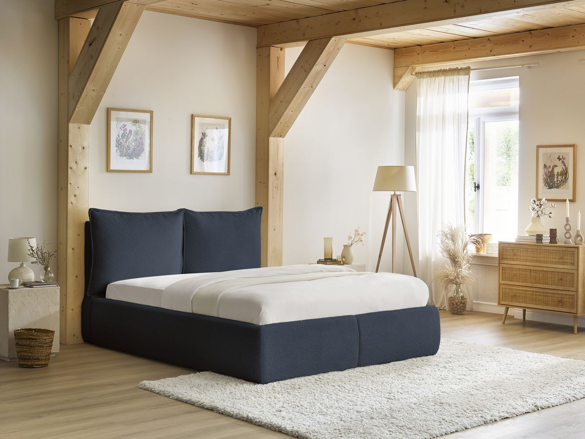 Bobochic Garance Polsterbett mit Bettkasten Bouclé-Stoff Dunkelblau, Liegefläche 160 × 200 cm
