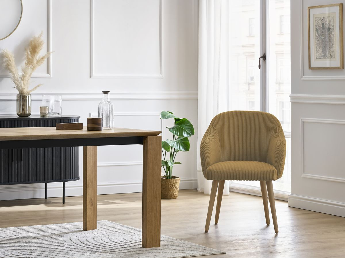 Bobochic Sophie Esszimmerstuhl 4er-Set mit skandinavischen Holzbeinen Cordsamt Gelb