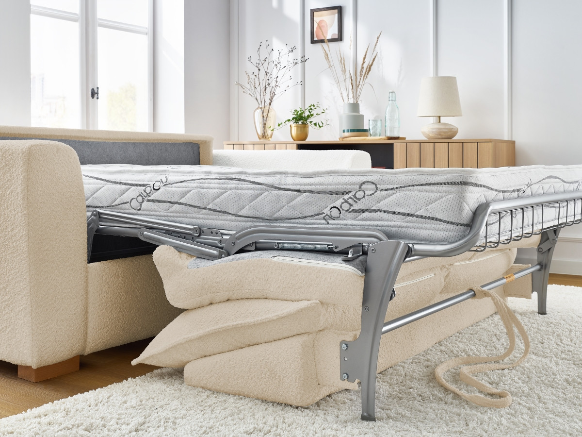 Bobochic Augustin Schlafsofa 3-Sitzer Bouclé-Stoff Beige, Liegefläche 140 × 200 cm