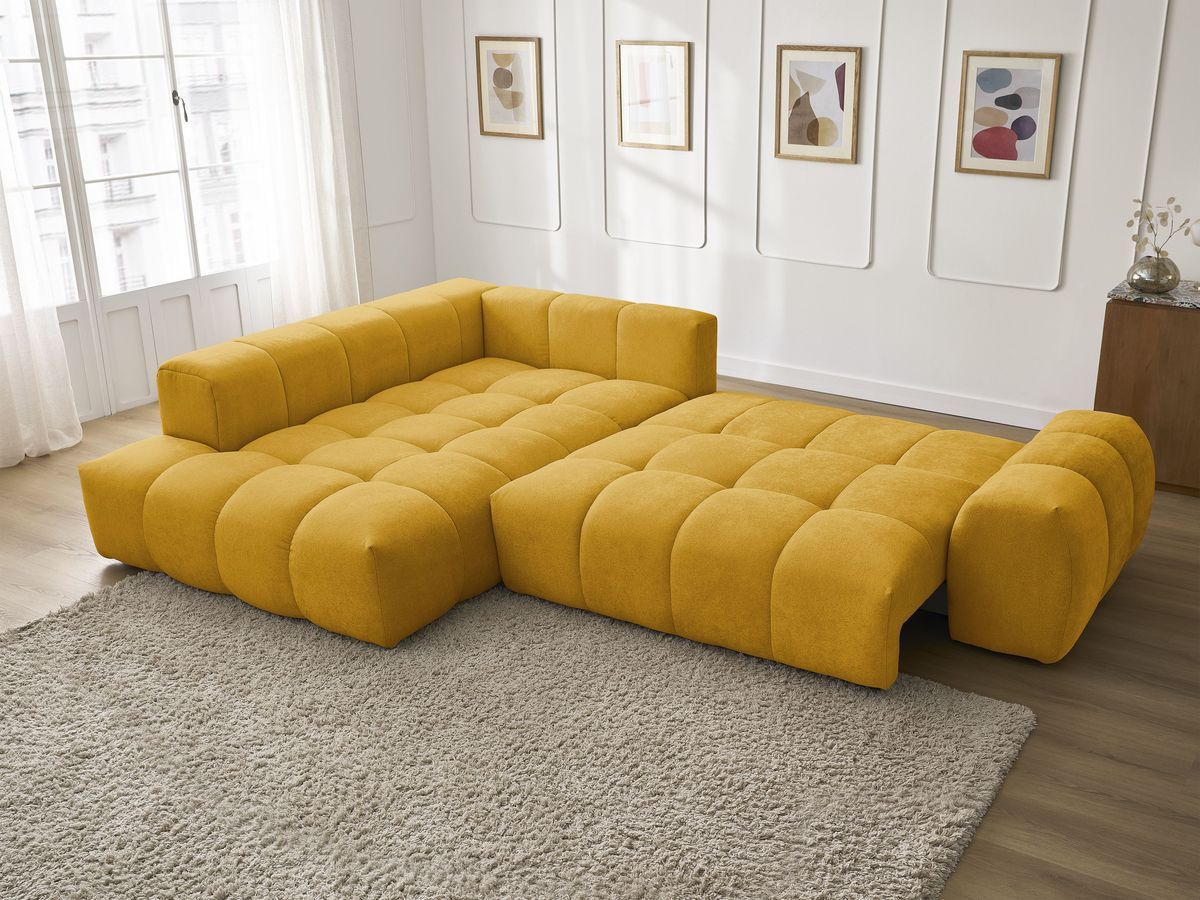 Bobochic Everest Ecksofa mit Schlaffunktion und Bettkasten 320 × 212 cm, 5 Kissen Strukturstoff Gelb Ecke links